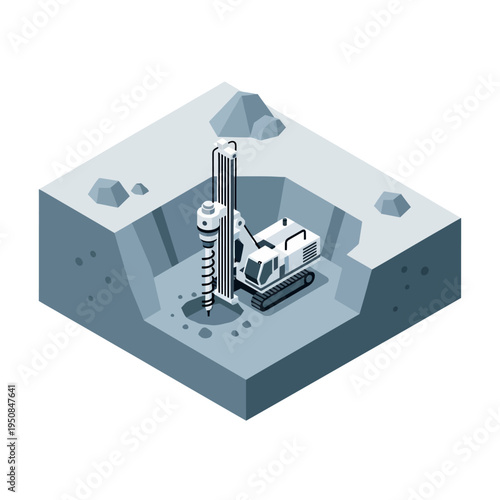 Isometric illustration of a drilling rig excavating a foundation pit for construction purposes.