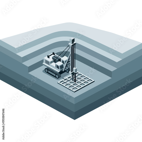 Isometric illustration of a drilling rig excavating a layered foundation for construction purposes.