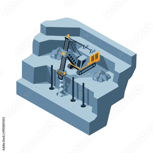An excavator with a jackhammer attachment is breaking up rock and soil in a tiered excavation site.