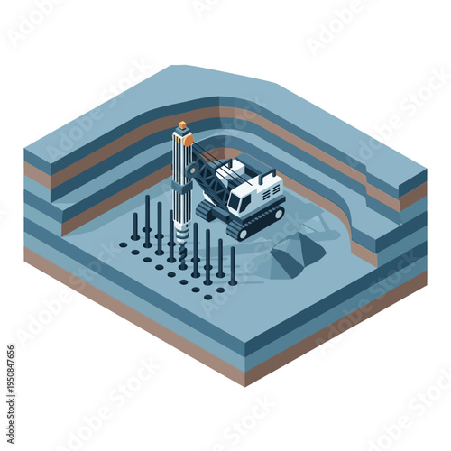 Isometric illustration of a construction site featuring a crane and drilling equipment installing piles into layered soil for foundation work.