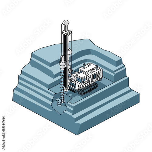 Isometric illustration of a crawler-mounted drilling rig operating in a tiered excavation, creating boreholes.