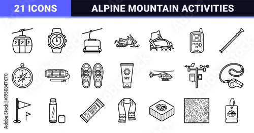 Winter Sports and Alpine Tourism Monoline Outline Symbols; Professional Minimalist Mountain Activity Graphics with Uniform Line Weight Style