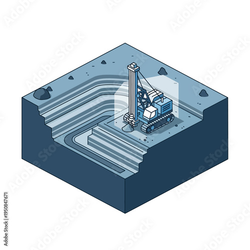 Isometric illustration of a drilling machine operating in a quarry, showcasing layered excavation and industrial activity.