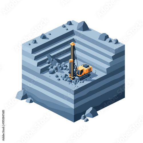 Isometric view of an open-pit mine with a drilling machine and excavator, illustrating resource extraction and industrial processes.