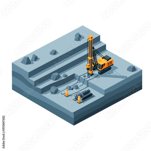 Isometric illustration of a construction site with a drilling rig and heavy machinery excavating layered earth.