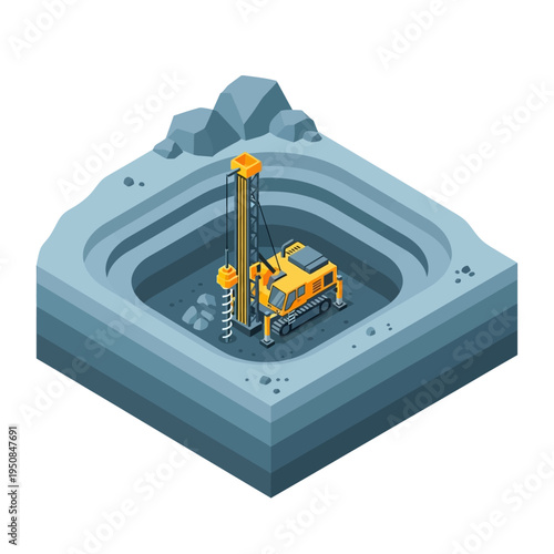 Isometric illustration of a drilling rig operating in an open-pit mine, excavating earth and rock layers.
