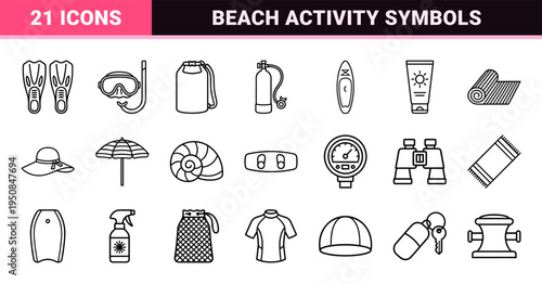 Water Sports and Beach Recreation Minimalist Outline Symbols, Technical Monoline Nautical Equipment for Summer Activity Apps and Signage.