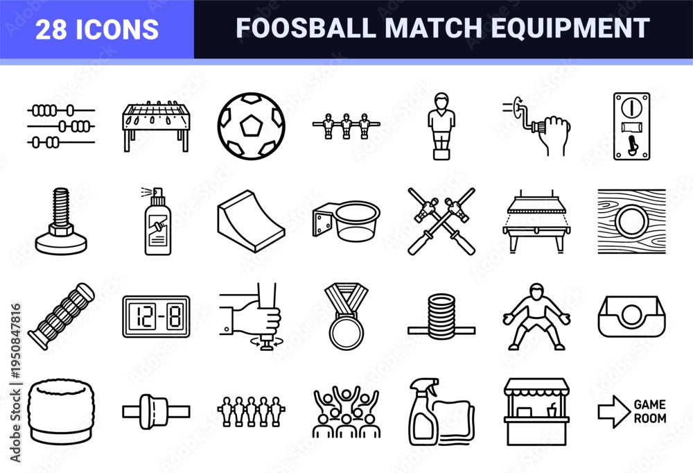 Fototapeta premium Foosball Table Football Recreational Sport Monoline Outlines, Minimalist Game Room Equipment Technical Symbols, Sleek Professional Graphics