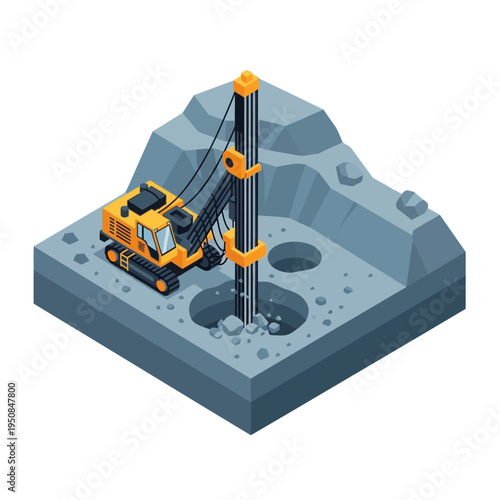 Isometric illustration of a drilling rig excavating holes in a rocky terrain, showcasing heavy machinery in action.