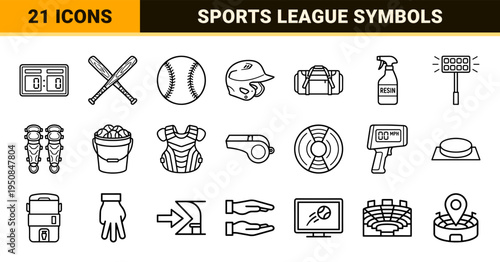 Professional Baseball League Equipment and Stadium Gameplay Symbols featuring Minimalist Monoline Outlines for Sports Media and Team Logistics.