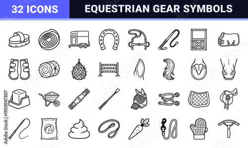 Equestrian Sports Monoline Outline Symbols Featuring Horse Riding Gear Stable Management and Horseback Activities in Minimalist Vector Style