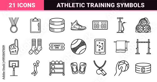 Basketball Equipment and Athletic Training Monoline Symbols. Minimalist Outline Style for Professional Sports Apps and Technical Coaching Diagrams.