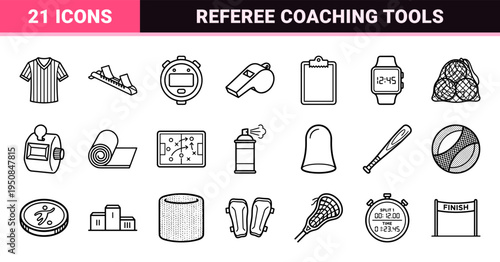 Professional Athletic Officiating and Coaching Equipment Symbols in Minimalist Monoline Aesthetic Featuring Whistles and Training Gear