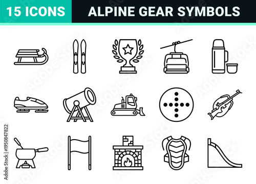 Winter Sports Equipment Monoline Symbols featuring Technical Alpine Gear and Mountain Resort Recreation Elements in Minimalist Outline Style.