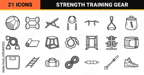 Professional Minimalist Monoline Fitness Equipment Symbols for Strength Training and Weightlifting Technical User Interface Design
