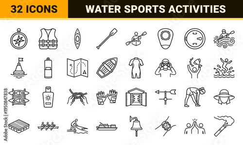 Outdoor Adventure Kayaking and Canoeing Monoline Symbols; Technical Water Sports Line Art for Professional Navigation and Leisure Activities