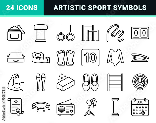 Artistic Gymnastics Equipment and Competitive Athletics Monoline Symbols for Sports Signage and Training Apps in a Technical Outline Aesthetic