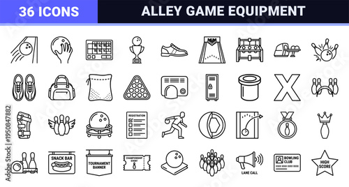 Minimalist Ten-Pin Bowling Line Symbols featuring Professional Alley Equipment and Tournament Scoring Elements in Technical Monoline Style.