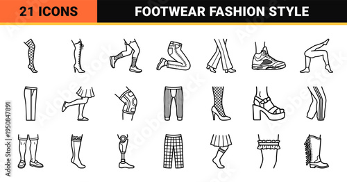 Minimalist Monoline Lower Limb Silhouettes and Footwear Graphics Featuring Orthopedic Braces, Fashionable Hosiery, and Diverse Shoe Styles