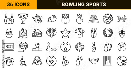 Professional Bowling Sports Equipment Monoline Symbols Featuring Ten-Pin Strikes Pins and Championship Trophies in Sleek Minimalist Aesthetic