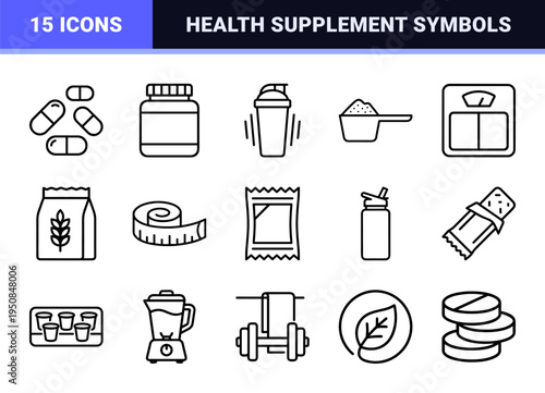 Professional Nutritional Supplement Line Art Symbols Featuring Protein Shakers Vitamins and Fitness Tech in a Sophisticated Monoline Aesthetic