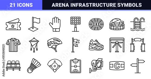 Professional Stadium and Sports Arena Infrastructure Icons featuring Minimalist Monoline Symbols for Athletic Facilities and Event Signage
