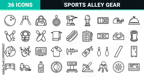 Professional Bowling Alley and League Equipment Symbols featuring Minimalist Monoline Aesthetic for Sports Industry Signage and UI Design