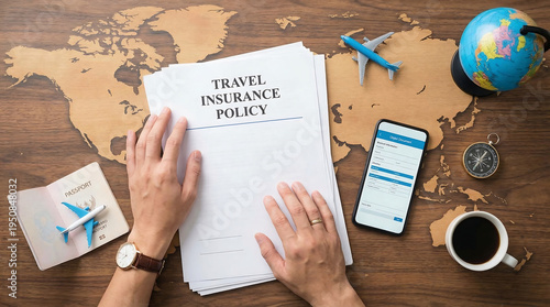 Person holding travel insurance policy documents on wooden desk with travel related items