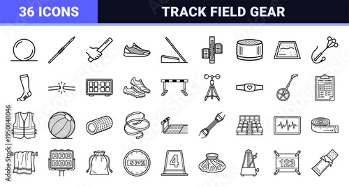 Professional Athletics Neo-Line Art Symbols Featuring Track Field Equipment and Sprinting Gear in Technical Monoline Style