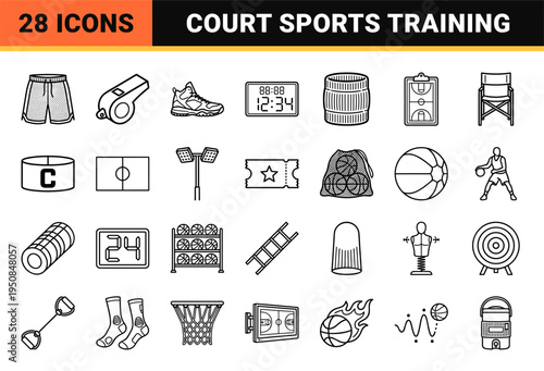 Basketball Equipment and Arena Court Symbols, Minimalist Monoline Sports Graphic Design, Professional Athletic Training Technical Line Art
