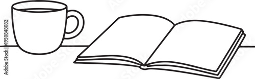 Simple line art drawing of an open book next to a coffee cup, representing relaxation and reading with a hot beverage.