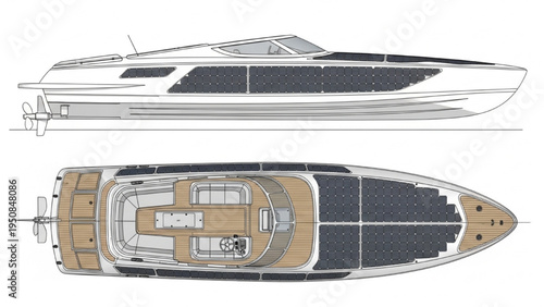 Solar-Powered Speedboat Blueprint, CAD Side Elevation and Top View, Sustainable Materials, Modern Design, Isolated on White Background