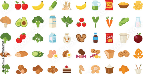 Large Vector Flat Illustration Collection of Healthy Groceries and Snacks Featuring Fresh Fruits, Vegetables, Dairy Products, Bakery Items, and Packaged Treats for Nutritional Content Design.