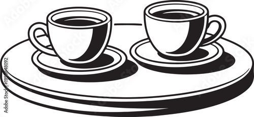 Minimalist vector illustration of two coffee cups and saucers on a round serving tray, featuring a simple black and white outline.