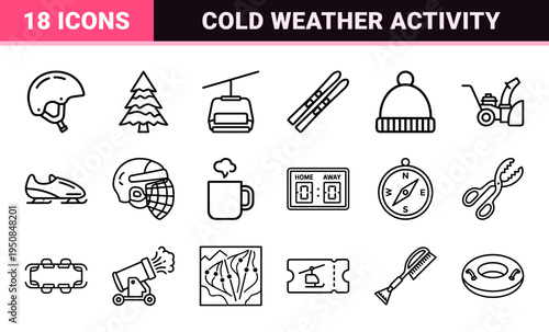 Monoline Winter Sports and Alpine Recreation Outline Symbols Featuring Minimalist Skiing, Skating, and Snowboarding Equipment Technical Art.