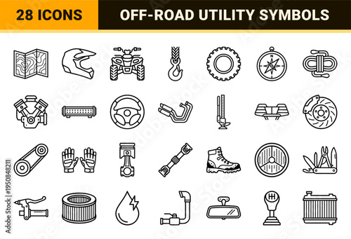 All-Terrain Vehicle and Off-Road Utility Technical Monoline Outline Symbols for Outdoor Adventure and Mechanical Maintenance Interface Design