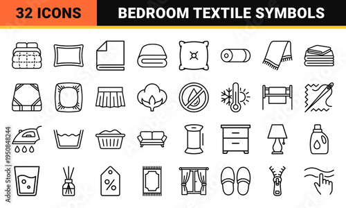 Bedroom Textile Essentials and Bedding Accessory Symbols featuring Minimalist Monoline Outlines for E-commerce and Interior Design Navigation