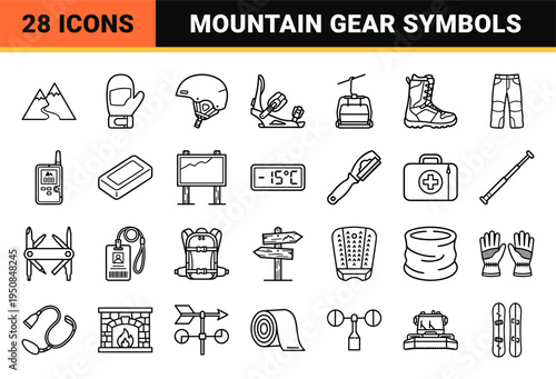 Snowboarding Gear and Mountain Sports Equipment Technical Monoline Symbols with Minimalist High-End Aesthetic for Professional Winter Tourism Design