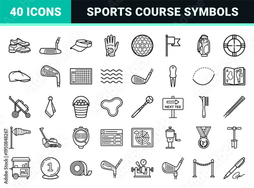 Professional Golf Course Equipment and Tournament Management Outlines Featuring Minimalist Monoline Symbols for Sports Interface Design