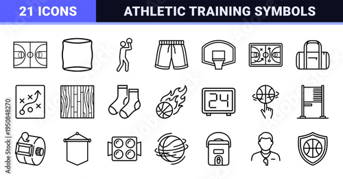 Professional Basketball Technical Monoline Symbols for Athletic Training Equipment and Competitive Match Statistics Minimalist UI Graphics