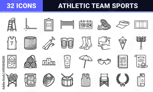 Professional Volleyball Athletics Neo-Line Art Interface Symbols Featuring Monoline Technical Sports Equipment and Beach Tournament Essentials