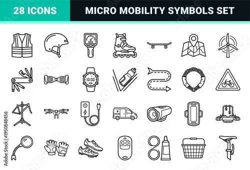 Urban Micro-Mobility and Eco-Friendly Transportation Monoline Symbols Featuring Electric Scooters Bicycles and Smart City Transit Hardware Outlines