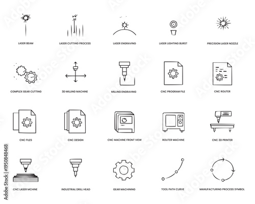 CNC Laser Cutting and Engraving Line Icons Set – Industrial Manufacturing and Machining Outline Vector Icons. Thin vector pictograms pack for web infographic business social projects
