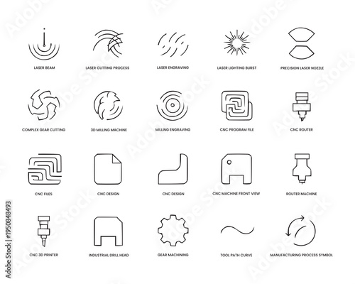 CNC Laser Cutting and Engraving Line Icons Set – Industrial Manufacturing and Machining Outline Vector Icons. Thin vector pictograms pack for web infographic business social projects
