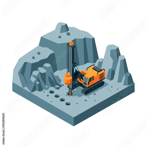Isometric illustration of a drilling rig excavating holes in a rocky terrain for mining or construction purposes.