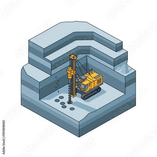 Isometric illustration of a drilling rig excavating holes in a layered geological formation within a construction site.