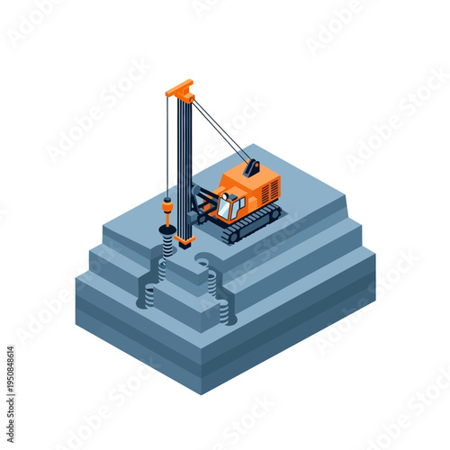 Isometric illustration of a drilling rig on a multi-layered construction site, preparing foundations for a new structure.