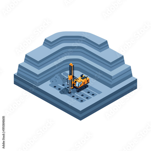Isometric illustration of an open-pit mine with a drilling machine excavating the layered rock formations.