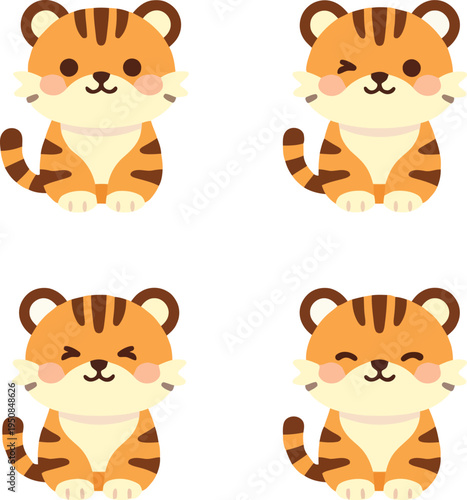 Four adorable cartoon tiger cubs displaying playful poses perfect for childrens books, clothing designs, and wildlifethemed products. Great for energetic animalthemed designs.