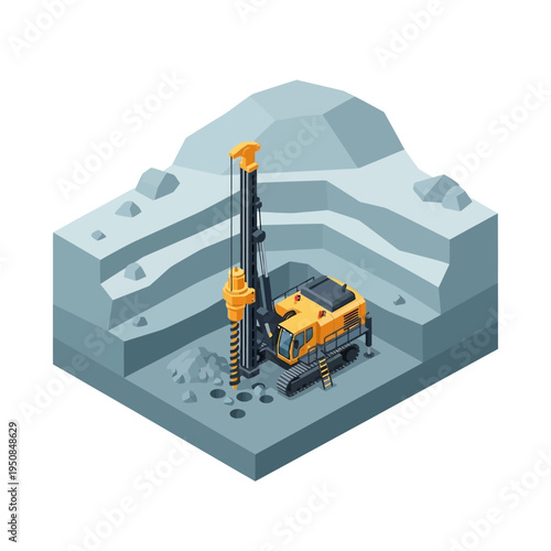 Isometric illustration of a drilling rig operating in an open-pit mine, excavating the earth with its powerful drill.